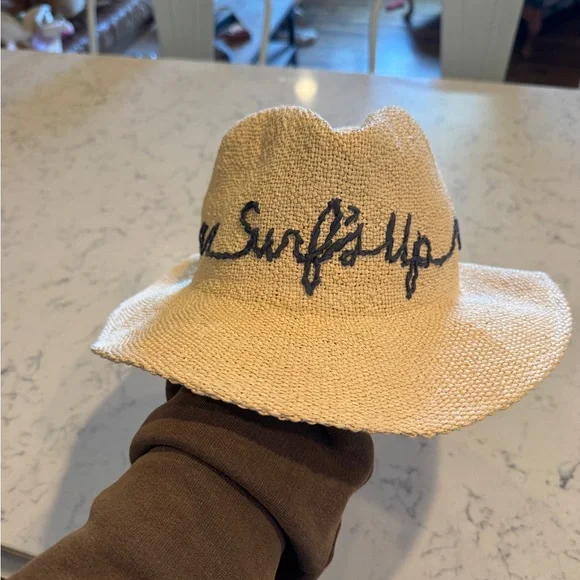 “Surf’s Up” Woven Straw Sun Hat with Navy Script - Picture 4 of 5